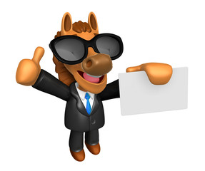 Wear sunglasses 3D Horse Mascot the right hand best gesture and left hand is holding a business cards. 3D Animal Character Design Series.