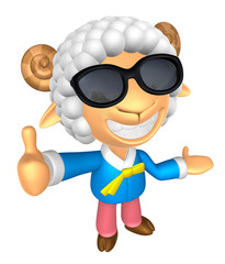 Wear sunglasses 3D Sheep mascot the left hand guides and the right hand best gesture. 3D Animal Character Design Series.