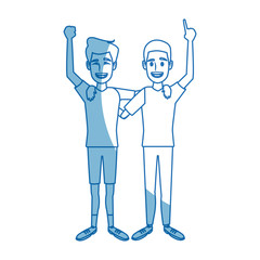 two boys smiling hugging and waving their hands best friends