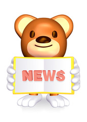 3d cute brown bear showing his news book