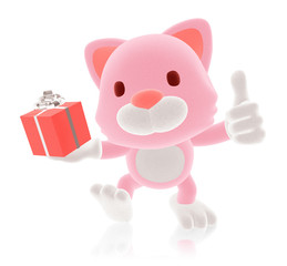 Fototapeta premium 3d pink cat giving red gift with his thumb up