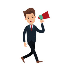 businessman character holding speaker advertising