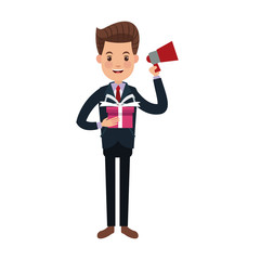 businessman character holding speaker and gift box