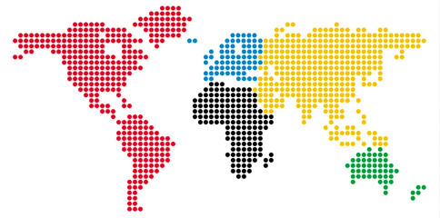 Fototapeta na wymiar Abstract computer graphic World map of color round dots. Color the world of sports competitions. Vector illustration.