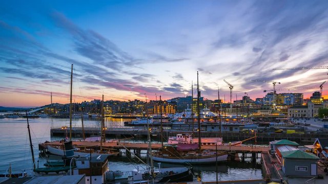 Oslo city Timelapse, Oslo port with boats and yachts at night in Norway, Time lapse 4k
