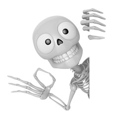 3D Skeleton Mascot the left hand OK gesture and right hand is holding a board. 3D Skull Character Design Series.