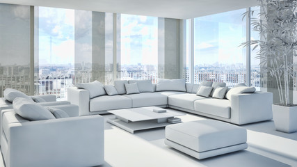 Modern bright living room, interiors. 3D rendering