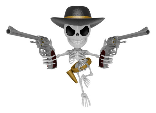 3D Skeleton Mascot is villains holding a revolver gun with both hands. 3D Skull Character Design Series.