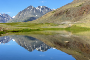 lake mountains reflection snow summer