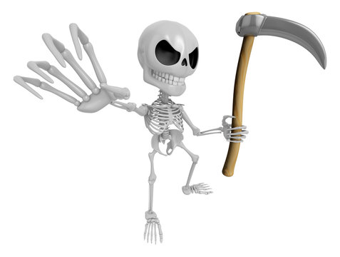 3D Reaper Skeleton Mascot a very sharp scythe brandishing. 3D Skull Character Design Series.