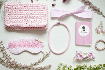 Fototapeta na wymiar Pink fashion cute accessories. Women accessories. Gifts. Handmade accessories. Light background