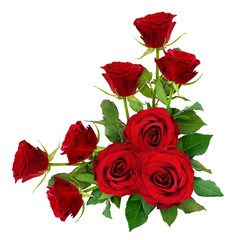 Obraz premium Red rose flowers with leaves in a corner arrangement