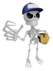 3D Skeleton Mascot is having a fit of anger, holding delivery box. 3D Skull Character Design Series
