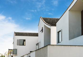 Scenic view of Dongziguan village against blue sky in Changkou town,Fuyang city,Zhejiang province of China.