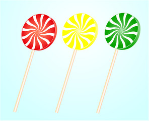  Vector illustration . Lollipops collection. Candy on stick with twisted design.