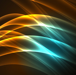 Energy lines, glowing waves in the dark, vector abstract background