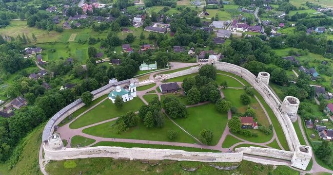 Ancient fortress Izborsk. Drone flight over old medieval stronghold in Izborsk.
