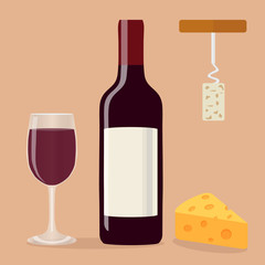A bottle of wine, a glass of wine, a corkscrew and cheese