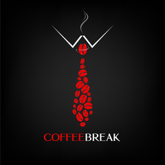 Fashion style design coffee logo with a tie  vector illustration. Creative idea coffee beans banner or poster.  Coffee break text. Funny coffee poster.