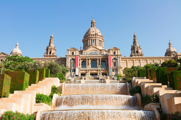 Fototapeta premium view of National museum of Barcelona with cascade of fountains, Catalonia Spain