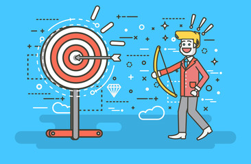 Vector illustration businessman hits target successful shot from bow advancement right solution excellent business success marketing achievement idea progress victory start-up line art style