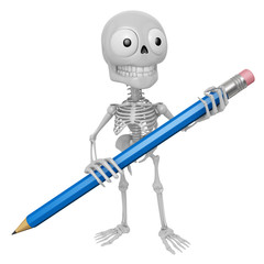 3D Skeleton Mascot is holding a big pencil with both hands. 3D Skull Character Design Series.