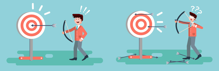 Vector illustration businessman hits target unsuccessful and successful shot from bow right wrong solution business failure or excellent marketing unlucky idea win loss start-up in flat style