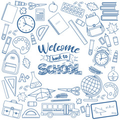 Set of different school supplies. First day of school, Back to school line icons. Vector