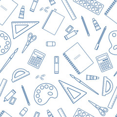 Seamless background of different stationery supplies. Vector