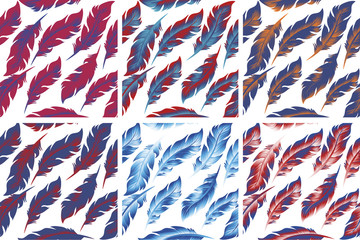 Fototapeta na wymiar Feathers Bird seamless pattern set. Retro, doodle style. Feather endless background, texture, backdrop. Vector illustration
