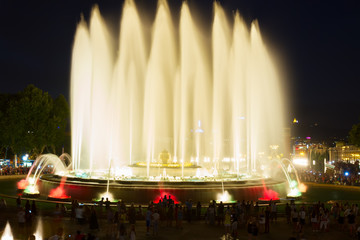 Magic Fountain and National museum lights at night close up, Barcelona, Spain
