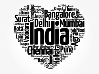 Fototapeta na wymiar List of cities and towns in India composed in love sign heart shape, word cloud collage, business and travel concept background