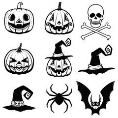 Set of halloween icons. halloween pumpkin, bats, spider, witch hat, skull with bones Design elements for poster, greeting cards. Vector illustration