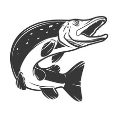 Pike fish icon isolated on white background. Design elements for logo, label, emblem, sign, badge. Vector illustration