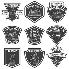 Fototapeta premium Set of the emblems with vintage trains isolated on white background. Design elements for logo, label, emblem, sign, badge. Vector illustration