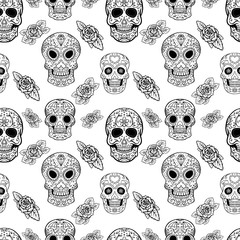 Seamless pattern with sugar skulls and roses. Dead Day. Dia de los Muertos. Vector illustration