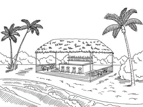 Beach cafe bar graphic black white landscape sketch illustration vector