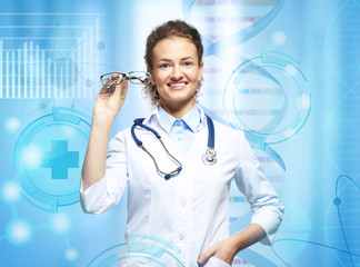 Young ophthalmologist on grey background