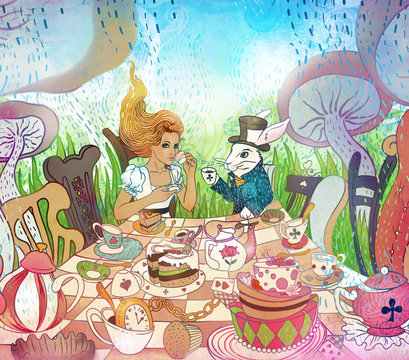 Mad Tea Party. Alice's Adventures in Wonderland illustration. Girl, white rabbit drink from cups under giant mushrooms. Design for Wonderland invitation, postcard, poster, fairy tale