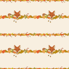 Vector autumn pattern design, pastel colored leaves and fox.