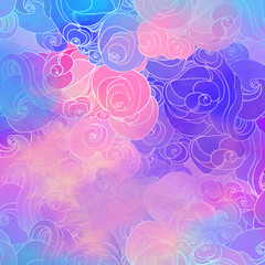 Color raster abstract hand-drawn pattern with waves and clouds in neon pastel colors. Retro gothic style.