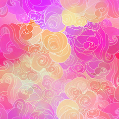 Color raster abstract hand-drawn pattern with waves and clouds in neon pastel colors. Retro gothic style.