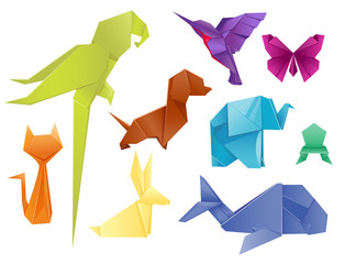 Animals origami set japanese folded modern wildlife hobby symbol creative decoration vector illustration. - obrazy, fototapety, plakaty