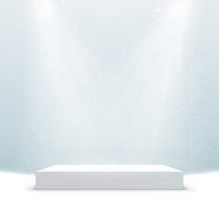 Illuminated podium background. Pedestal stage for presentation or show. Vector light scene design