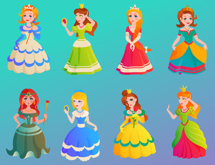 Princess character cute adorble girls different dress vector illustration.