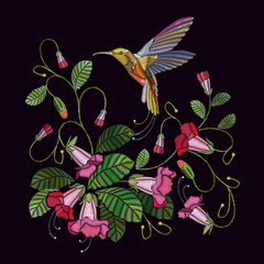 Embroidery flowers bells and humming bird. Fashionable template for design of clothes. Beautiful cornflowers and humming bird, classical embroidery vector