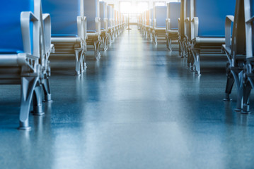 Rows of empty chairs at airport in Shanghai China.