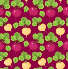 Radish seamless pattern. Red and white radishes endless background, texture. Vegetable background. Vector illustration
