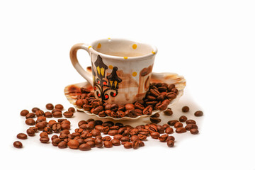 Grain coffee and a cup on a white background