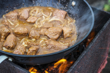 Meat is fried with onions